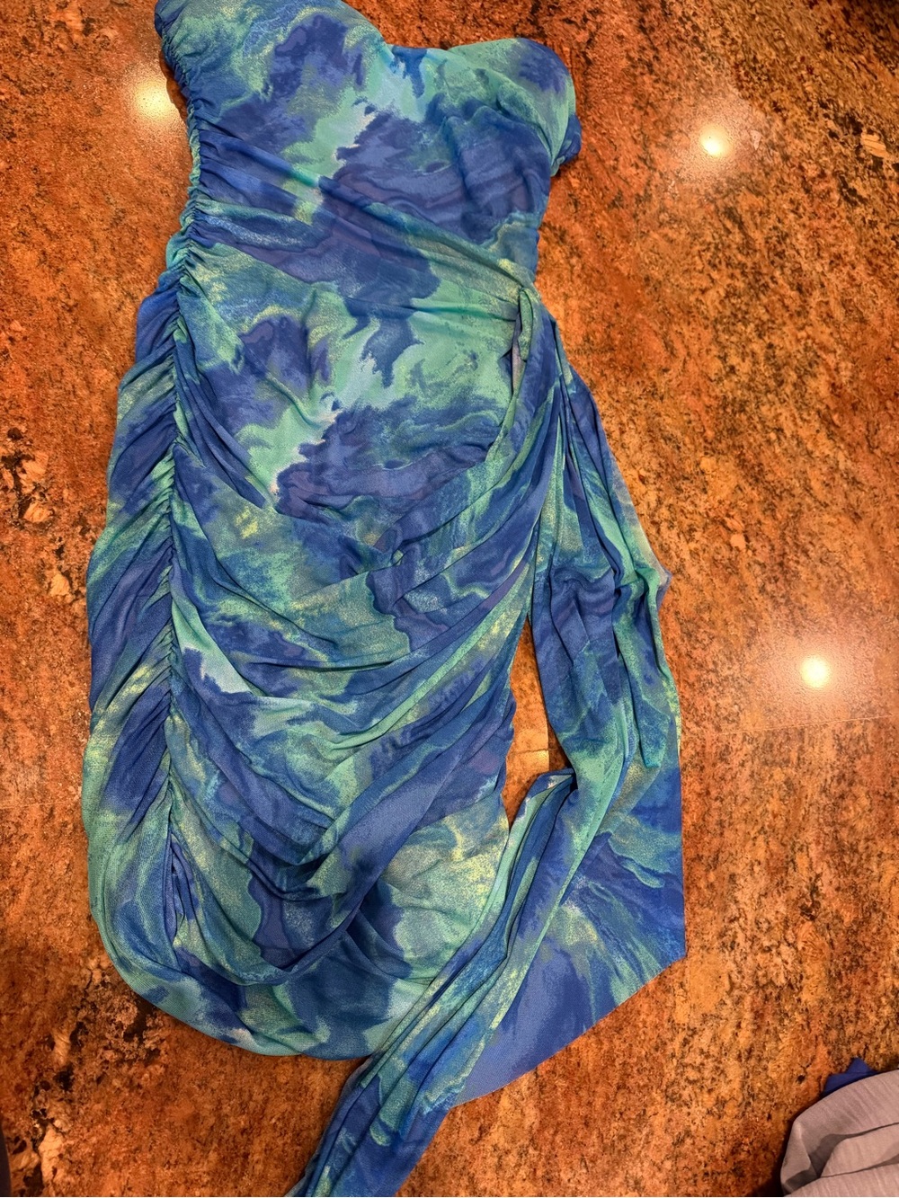 Blue-Green Ruched Strapless Dress